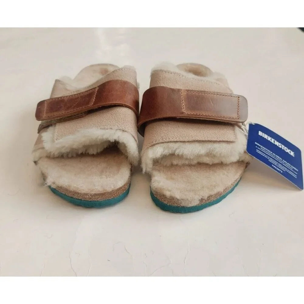 Birkenstock Size 2 Kyoto Teddy Kids Suede Sandals Shearling Lined EU 33 Beige
